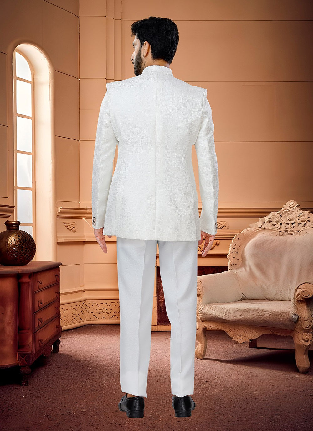 Woven Jacquard White Jodhpuri Suit - M4340