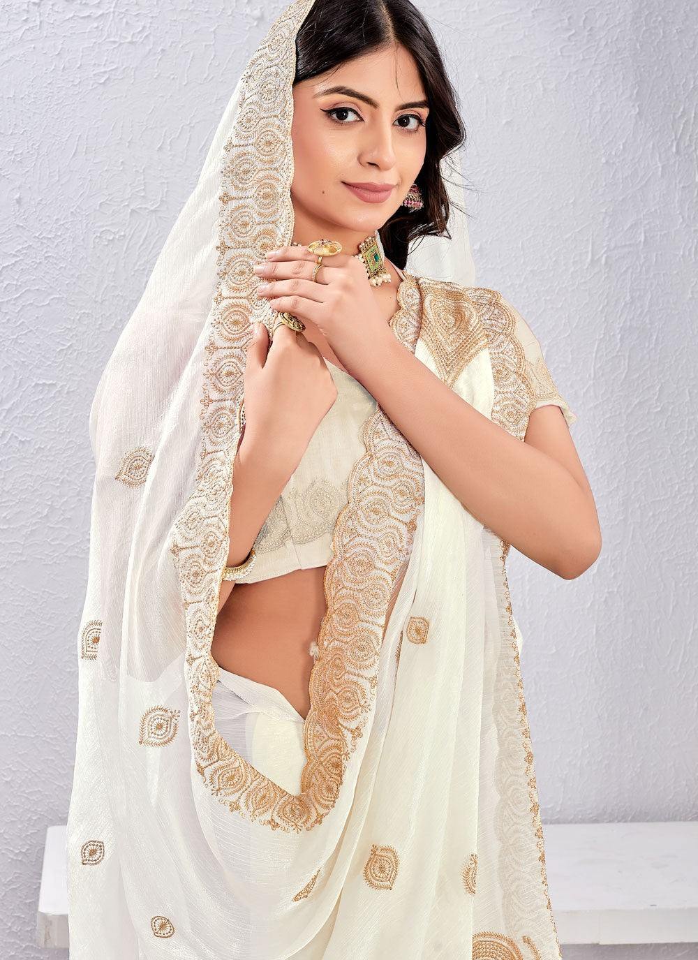 White Fandy Contemporary Saree Embroidered, Zari S16877