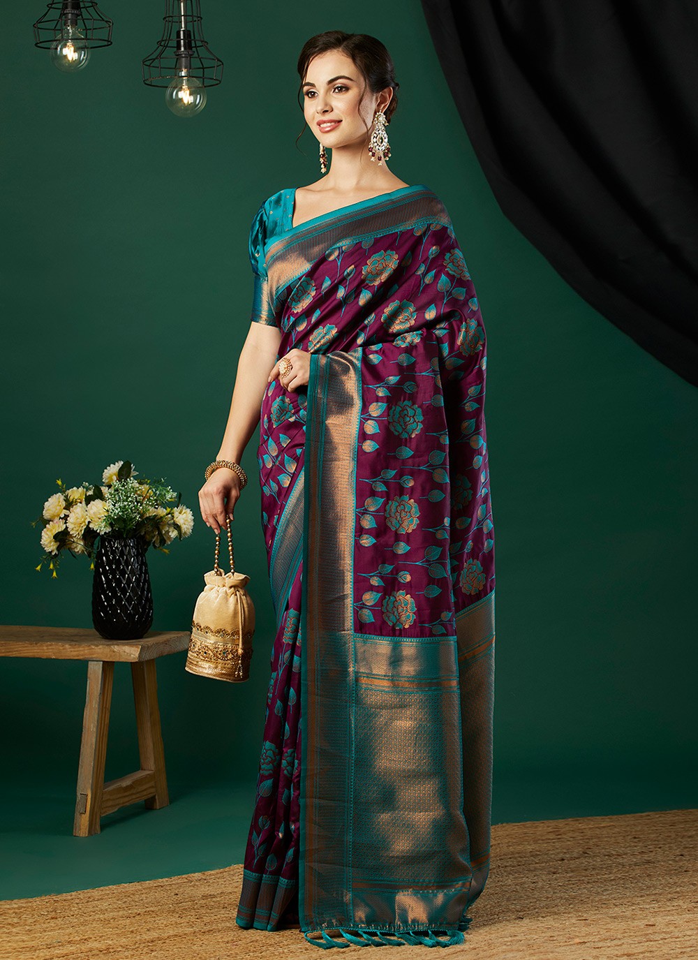 Classic Saree Woven Wine Banarasi Silk Saree S12460