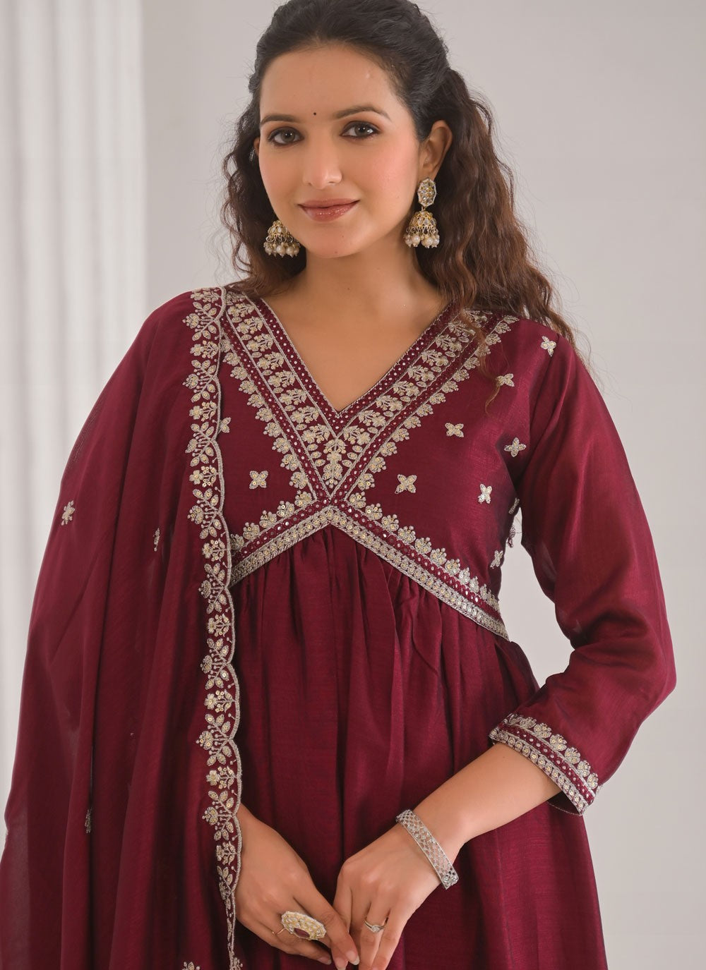 Palazzo Suit Embroidered, Lace Wine T7004