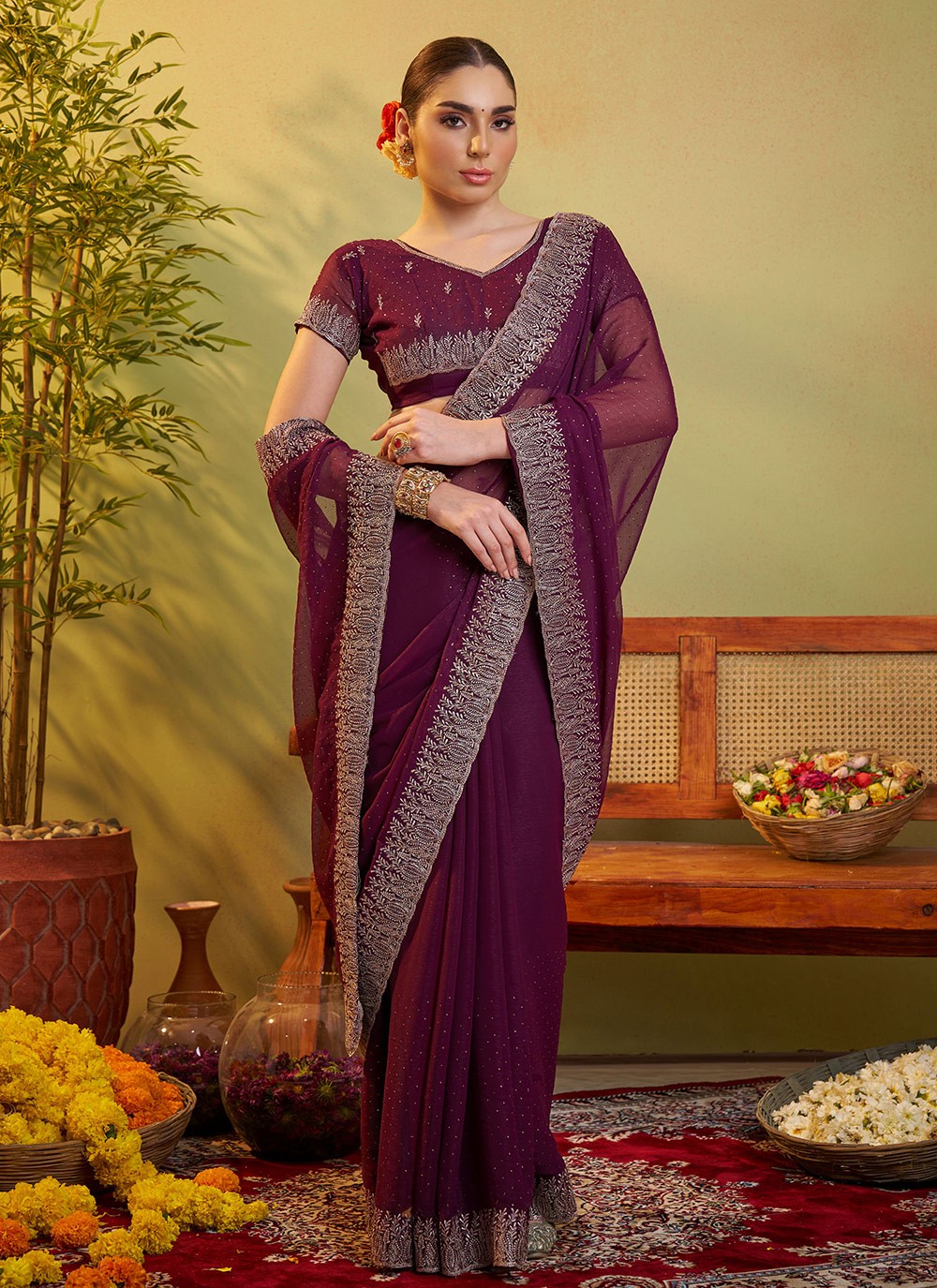 Embroidered Chiffon Wine Saree S14411