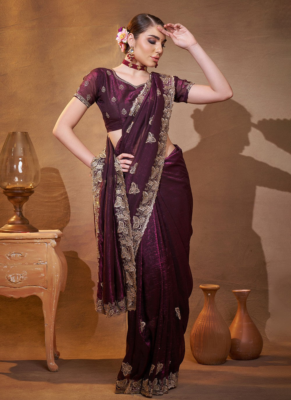 Embroidered Chiffon Wine Saree S14410