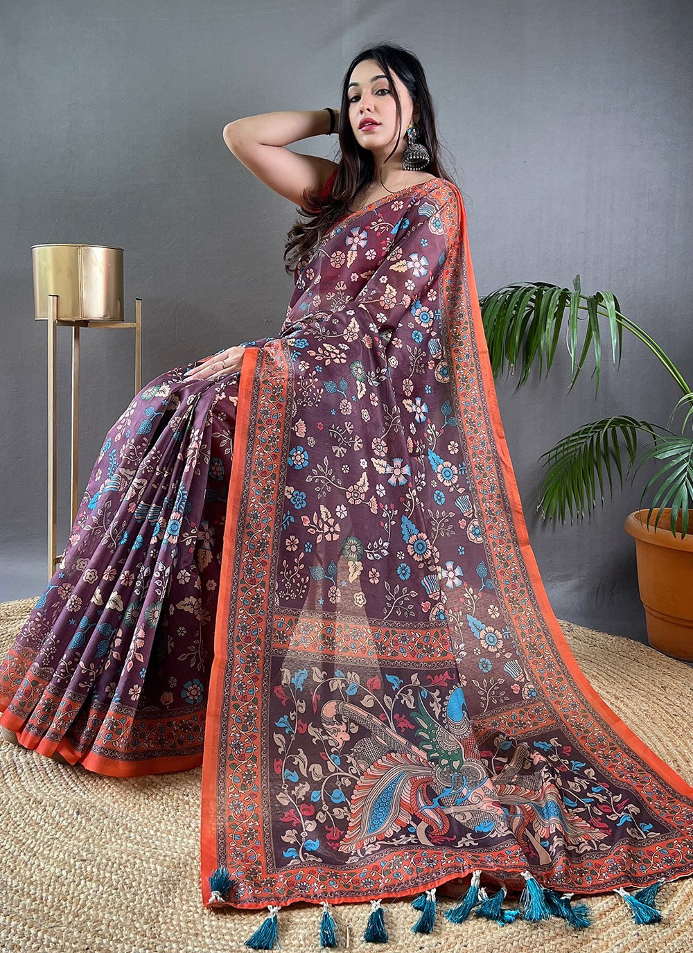 Classic Saree Floral Printed Wine Cotton Saree S13686