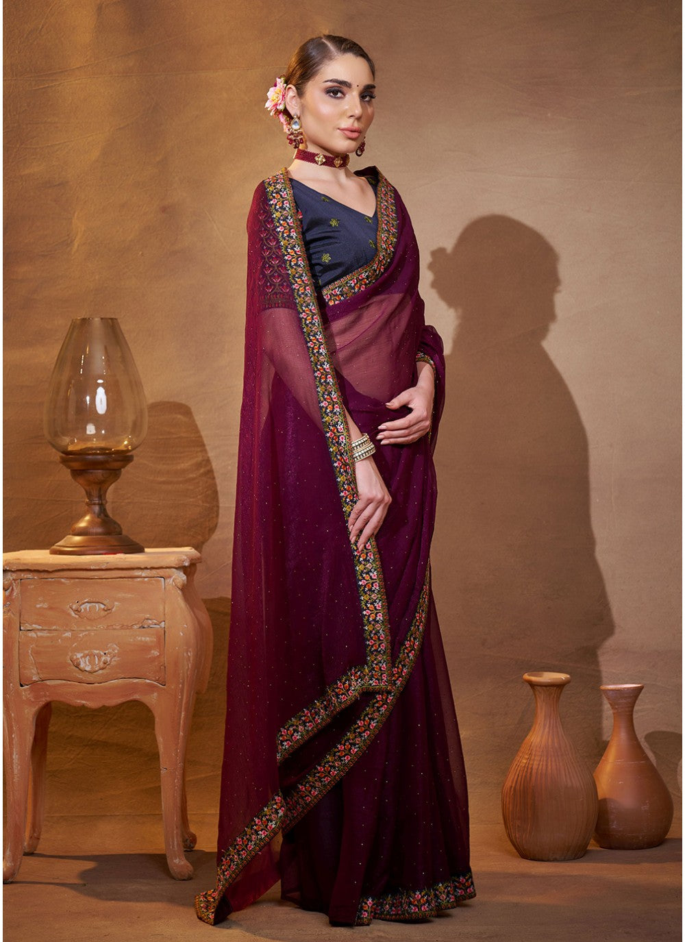 Embroidered Chiffon Wine Saree S14460