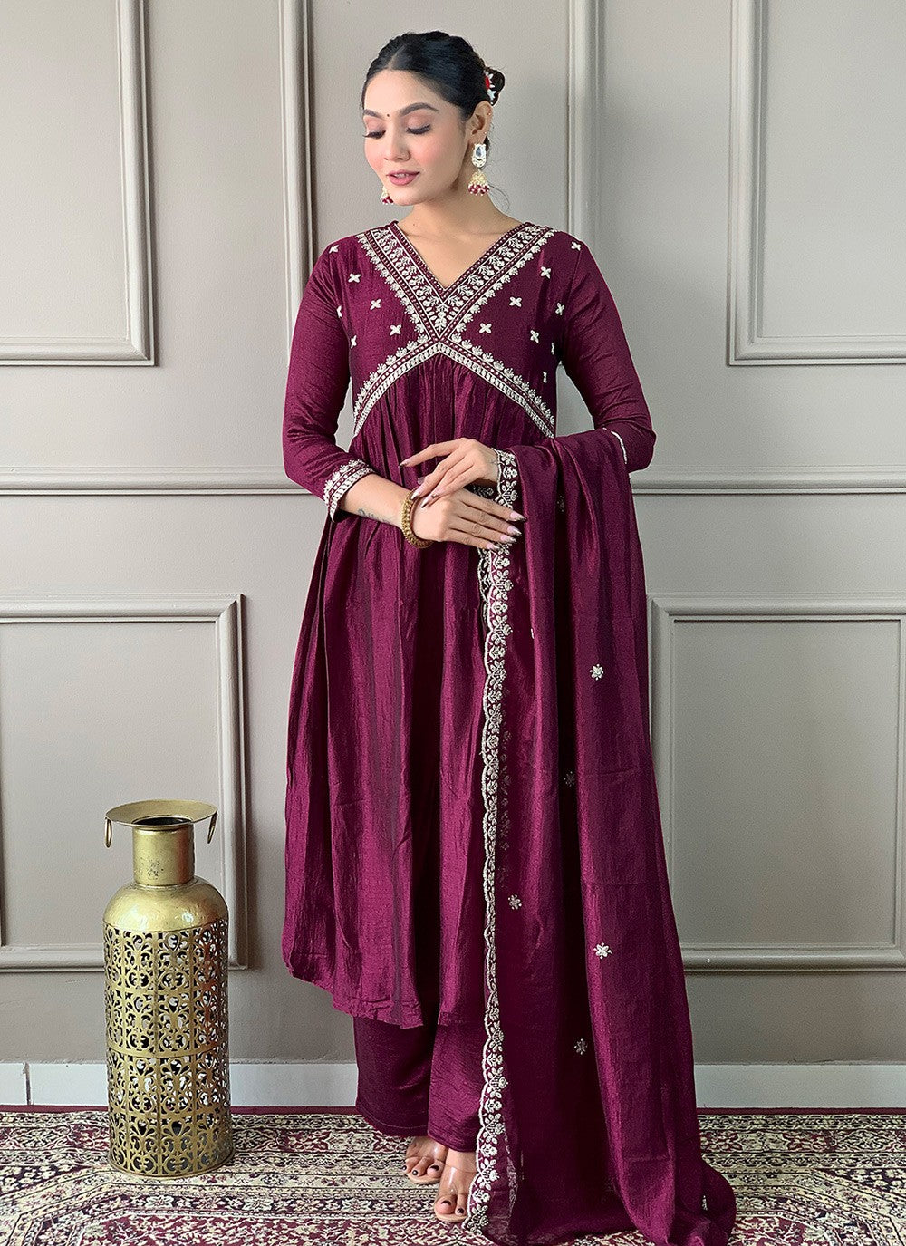 Pant Style Suit Embroidered Wine T6990