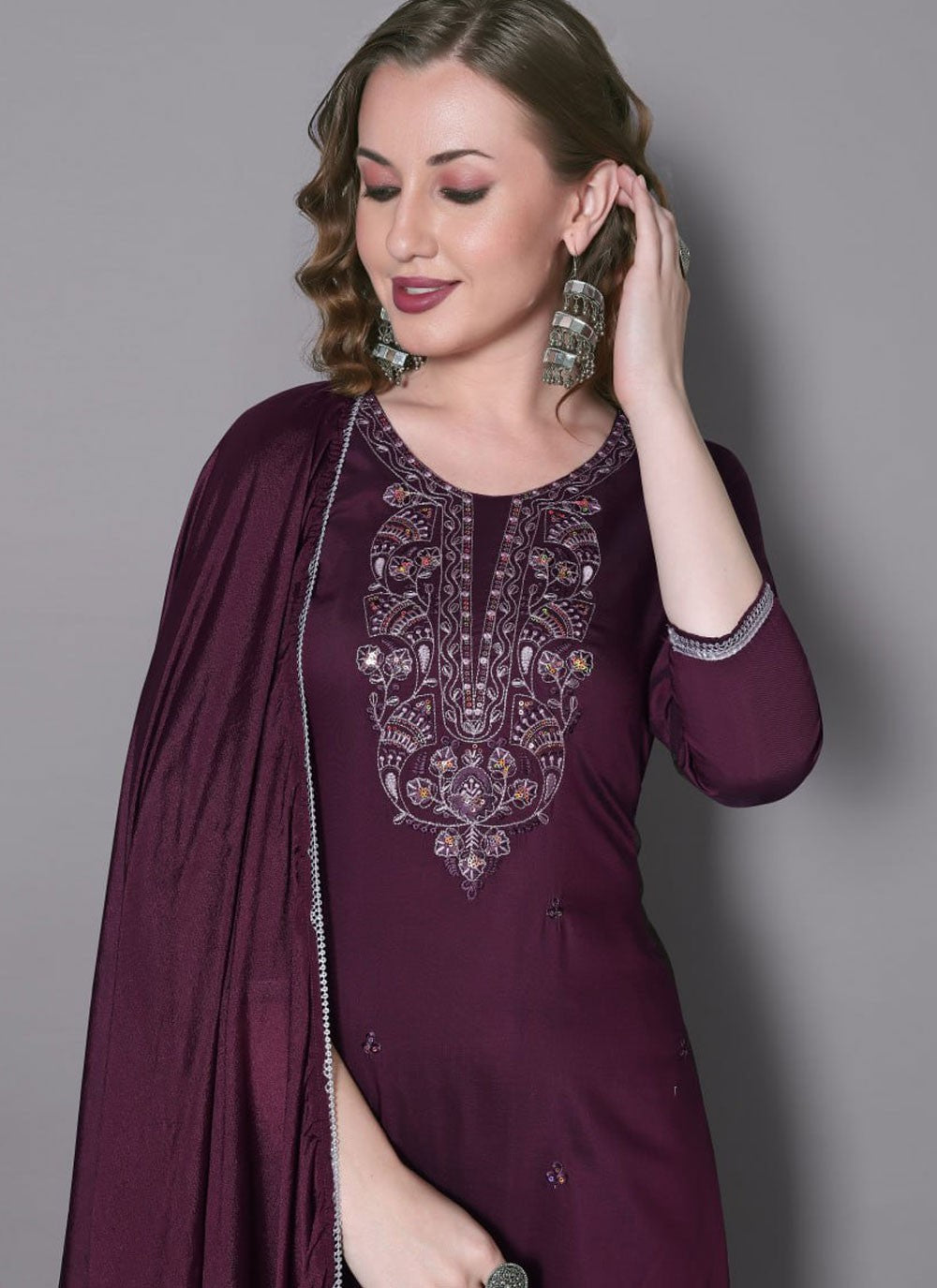 Salwar Suit Embroidered Wine Silk Blend T5297