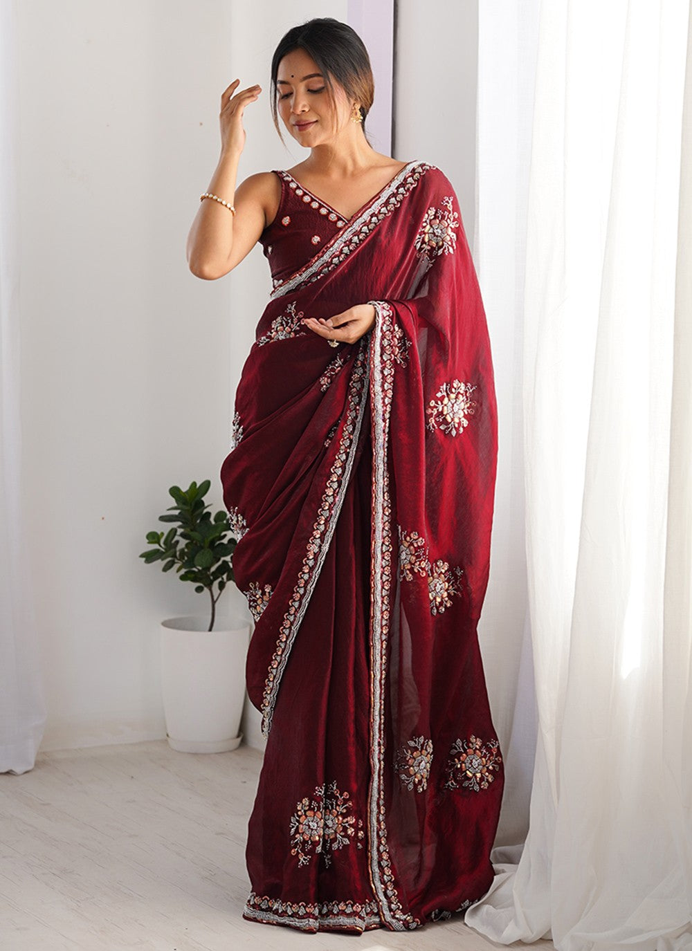 Wine Satin Contemporary Saree Beads, Hand Embroidery S15797