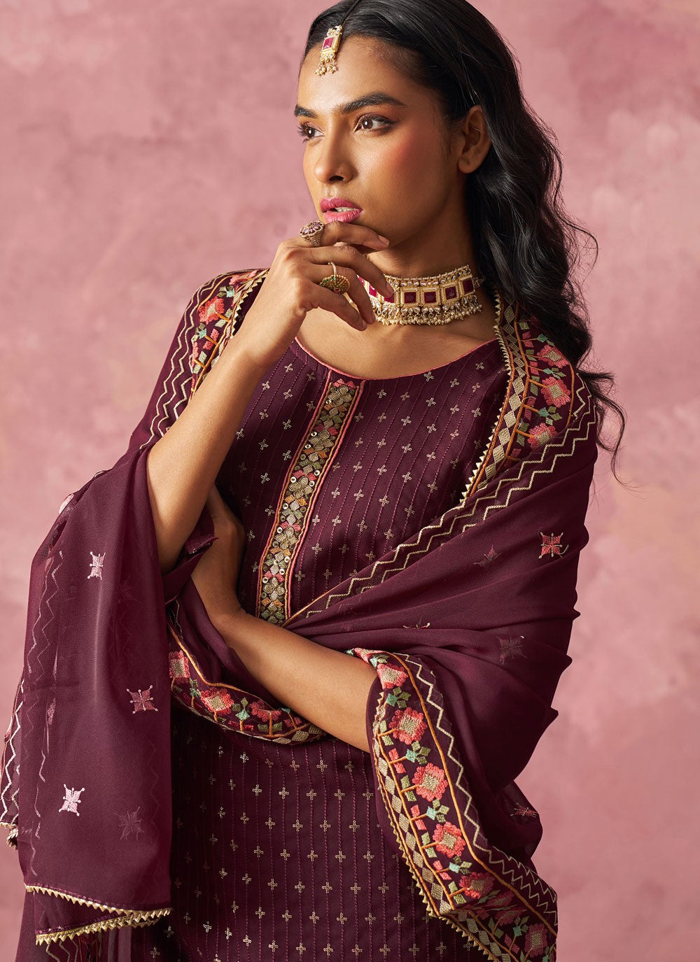 Embroidered Fancy Fabric Wine Salwar Suit T6463