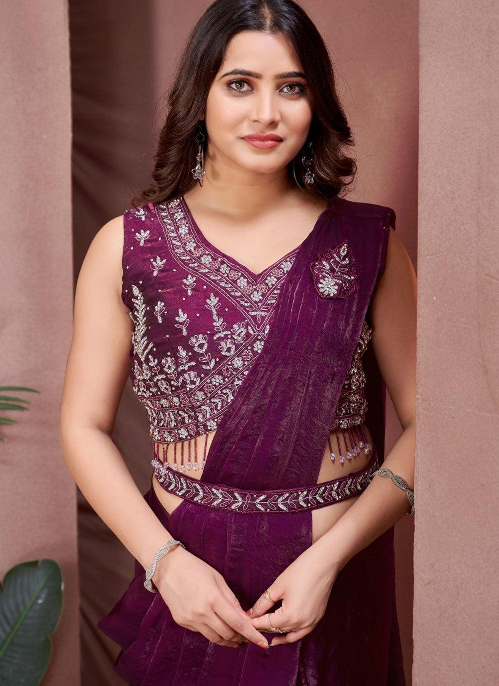 Classic Saree Plain Wine Satin S12999