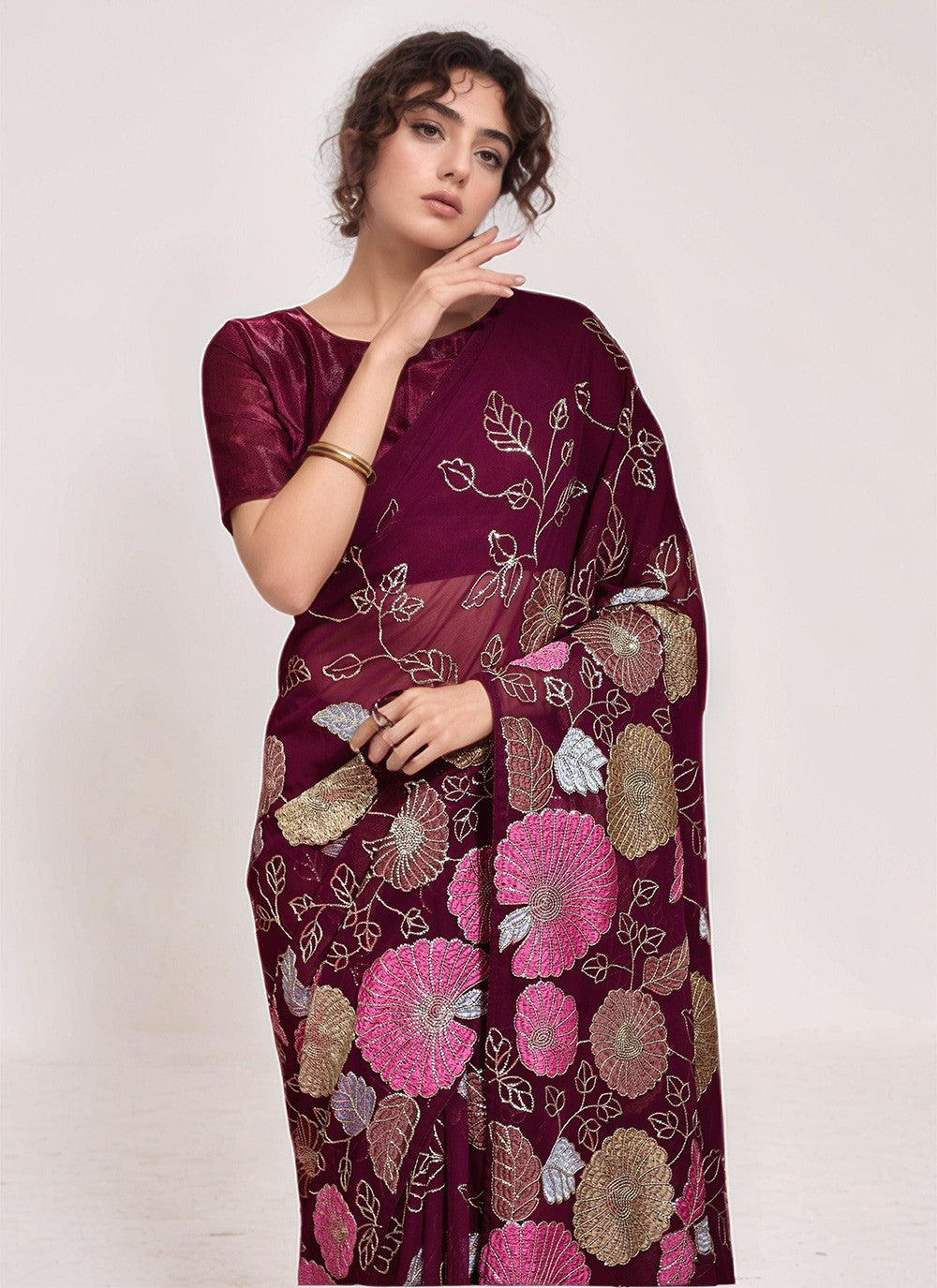 Wine Georgette Classic Saree Embroidered, Sequins, Thread S15803