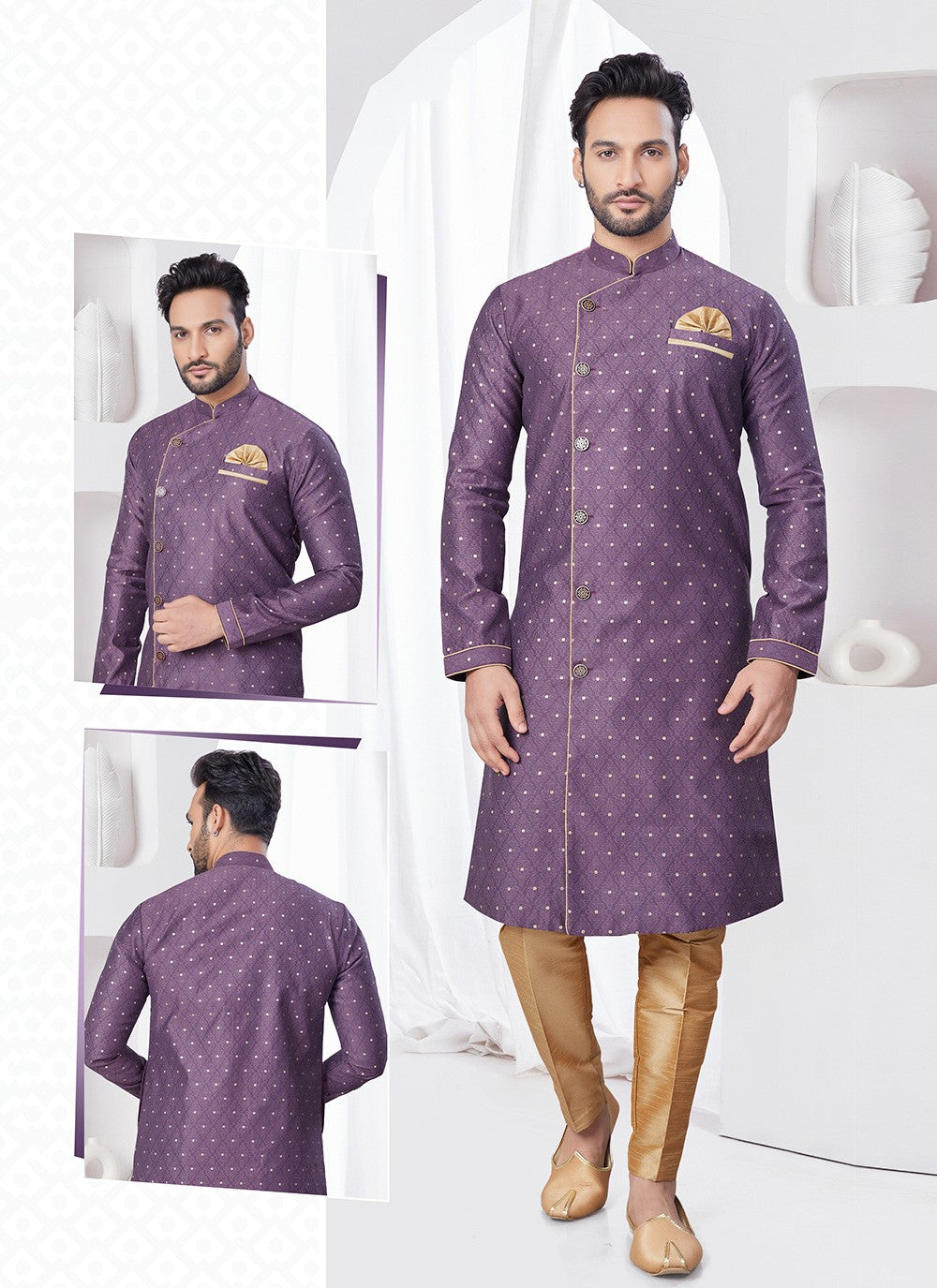 Plain Jacquard Wine Indo Western - M7691