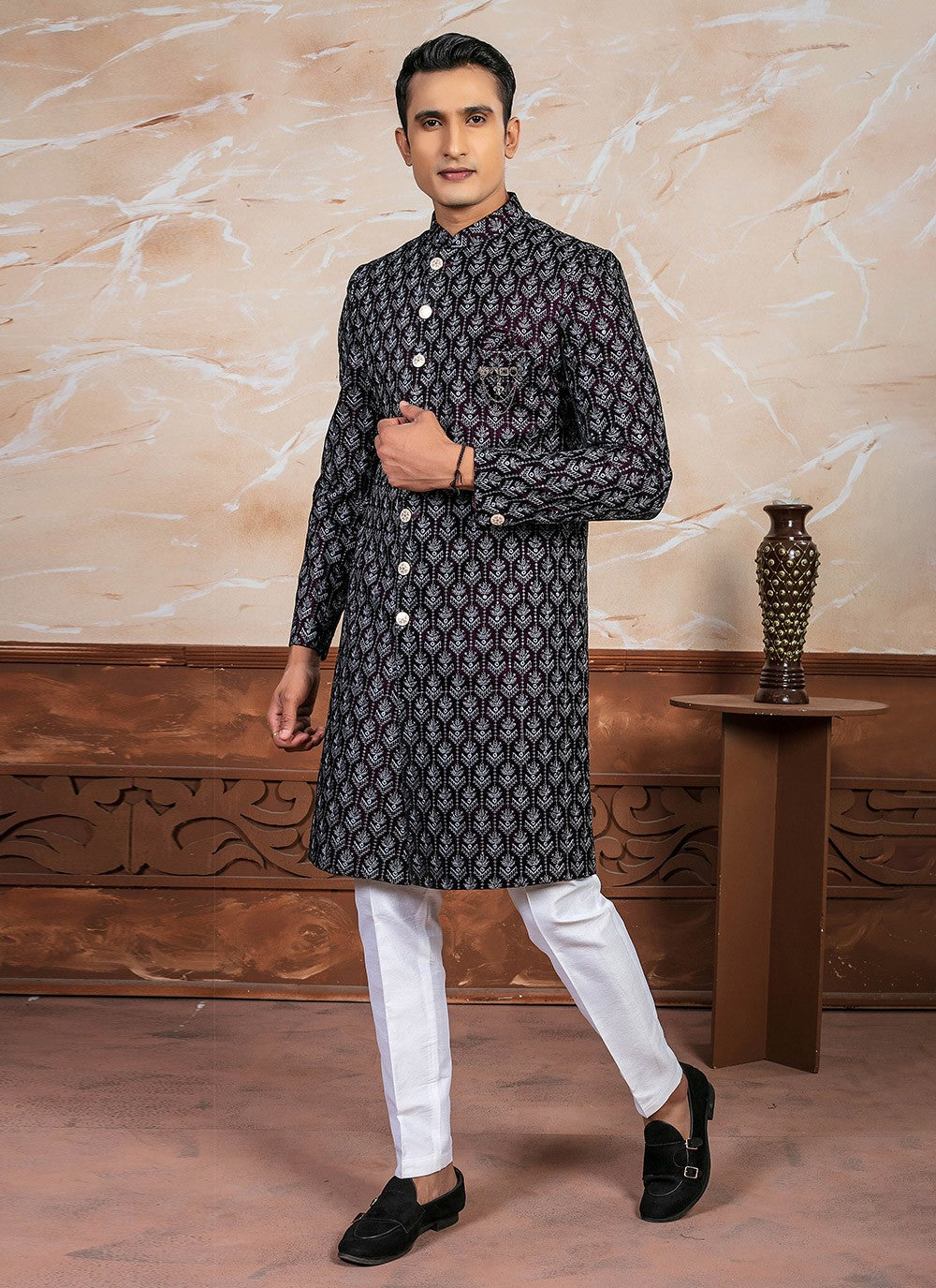 Embroidered Velvet Wine Indo Western - M8347