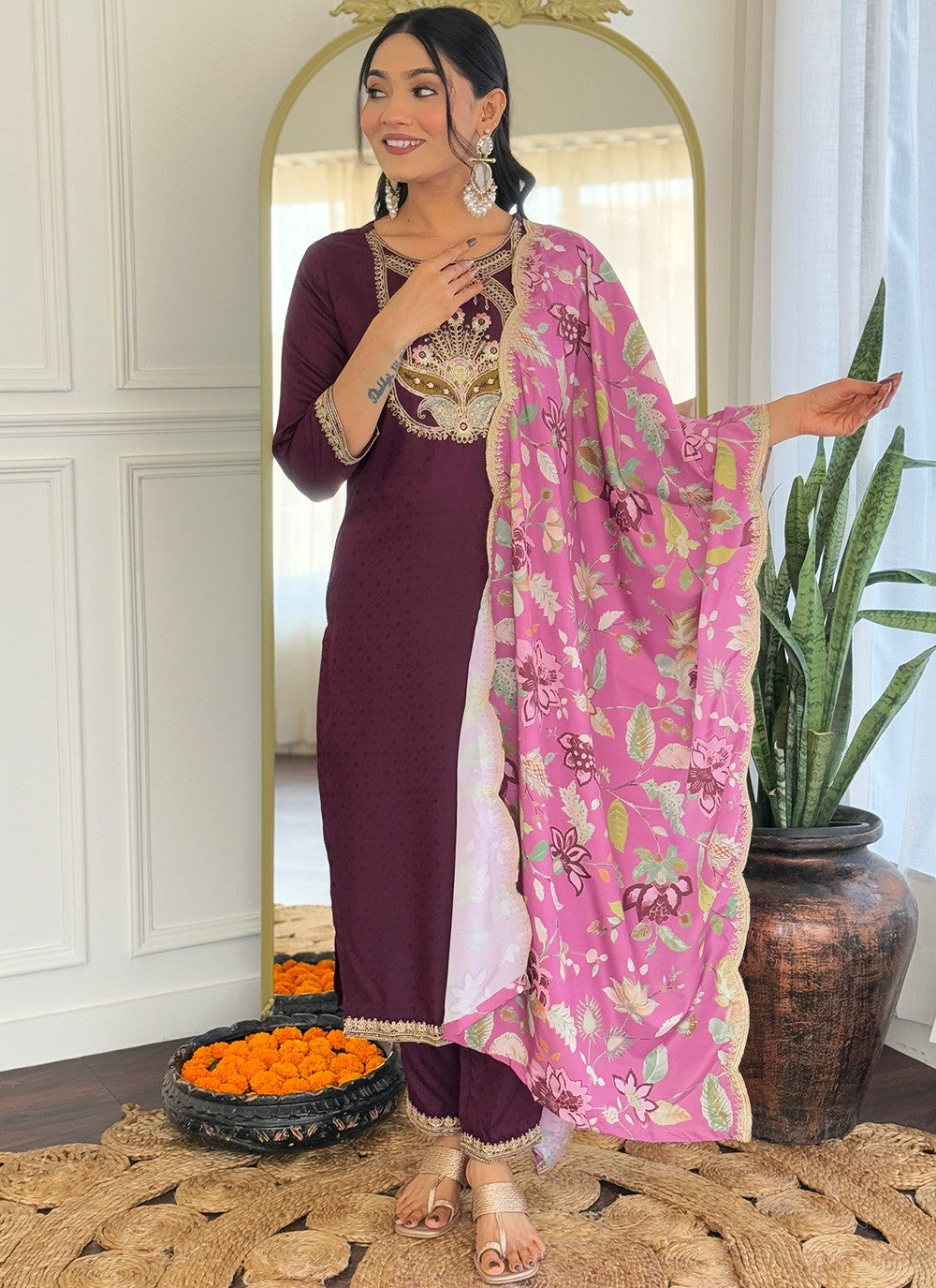 Pant Style Suit Embroidered, Printed Wine T7383
