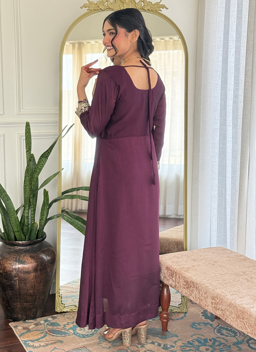 Pant Style Suit Embroidered Wine T7385