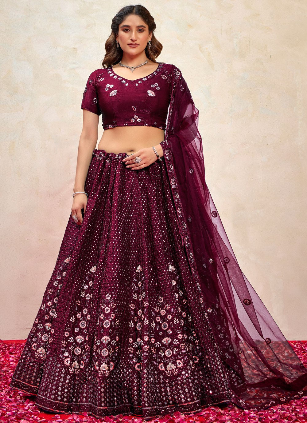 Embroidered Silk Wine Lehenga - L3268