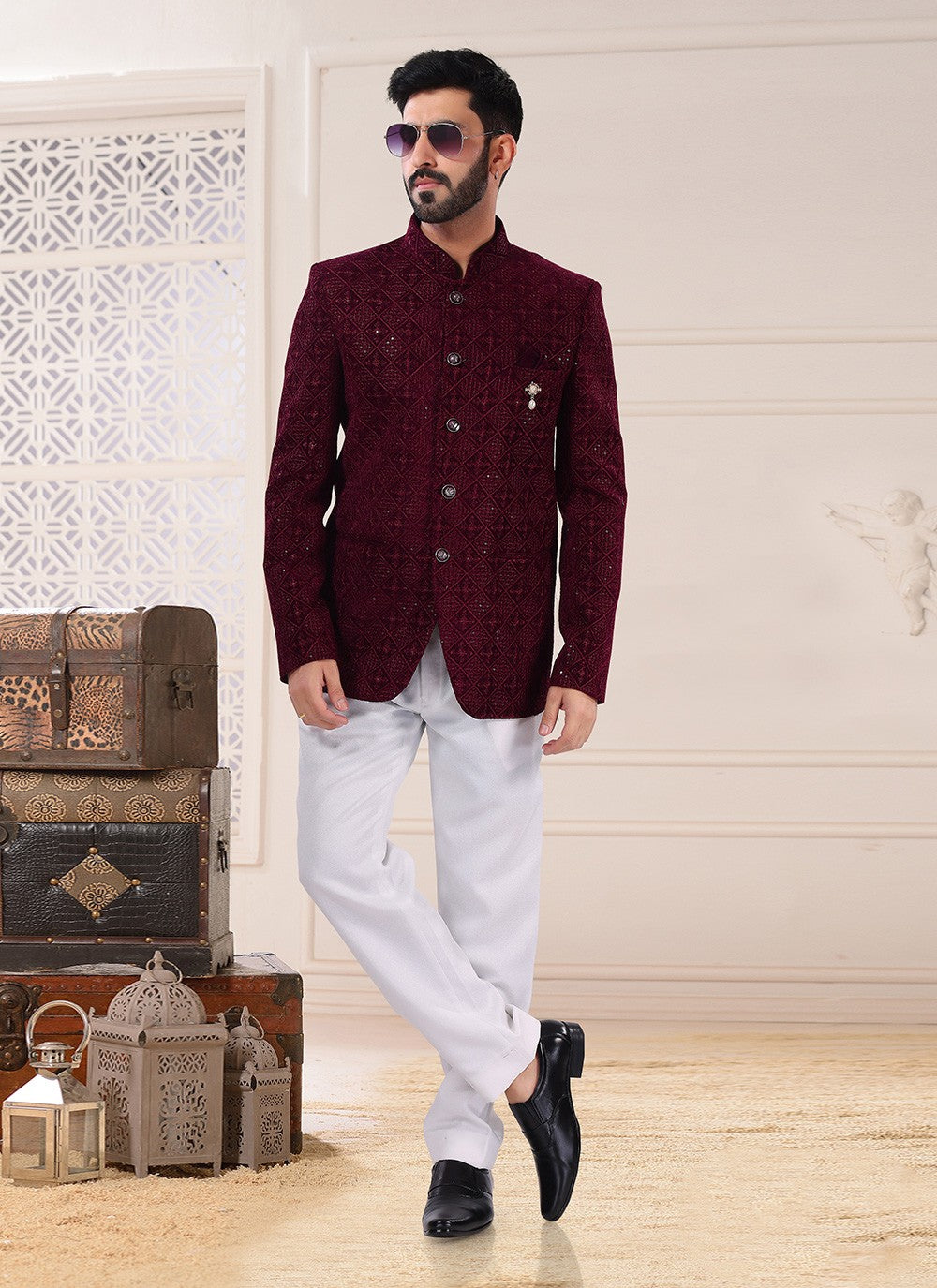 Embroidered Velvet Wine Jodhpuri Suit - M4702