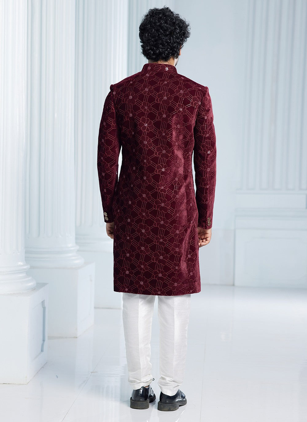 Machine Embroidery Velvet Wine Indo Western Sherwani - M6117