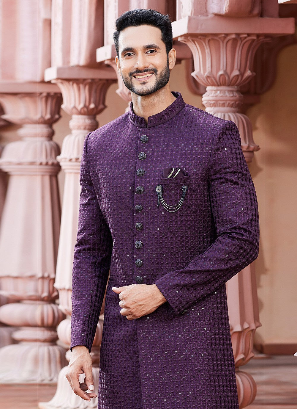 Fancy Work Art Silk Wine Sherwani - M6146