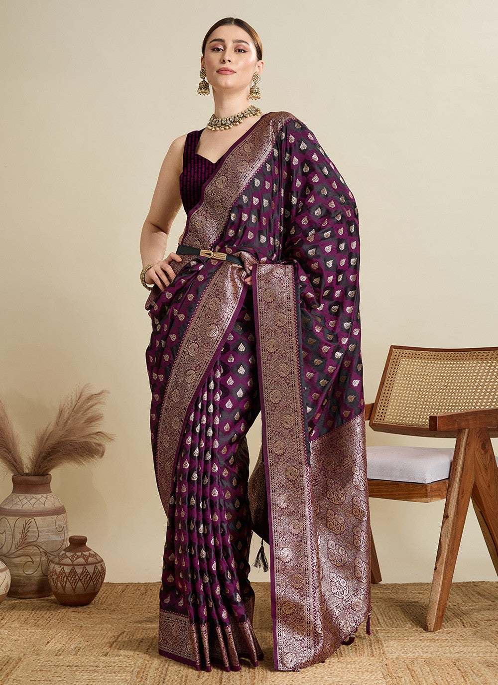 Wine Satin Silk Classic Saree Woven S16831