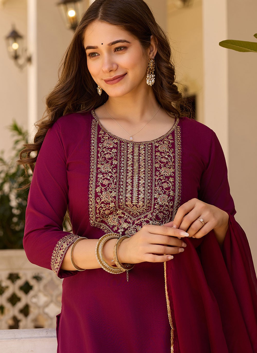 Embroidered Rayon Wine Pant Style Suit T6394