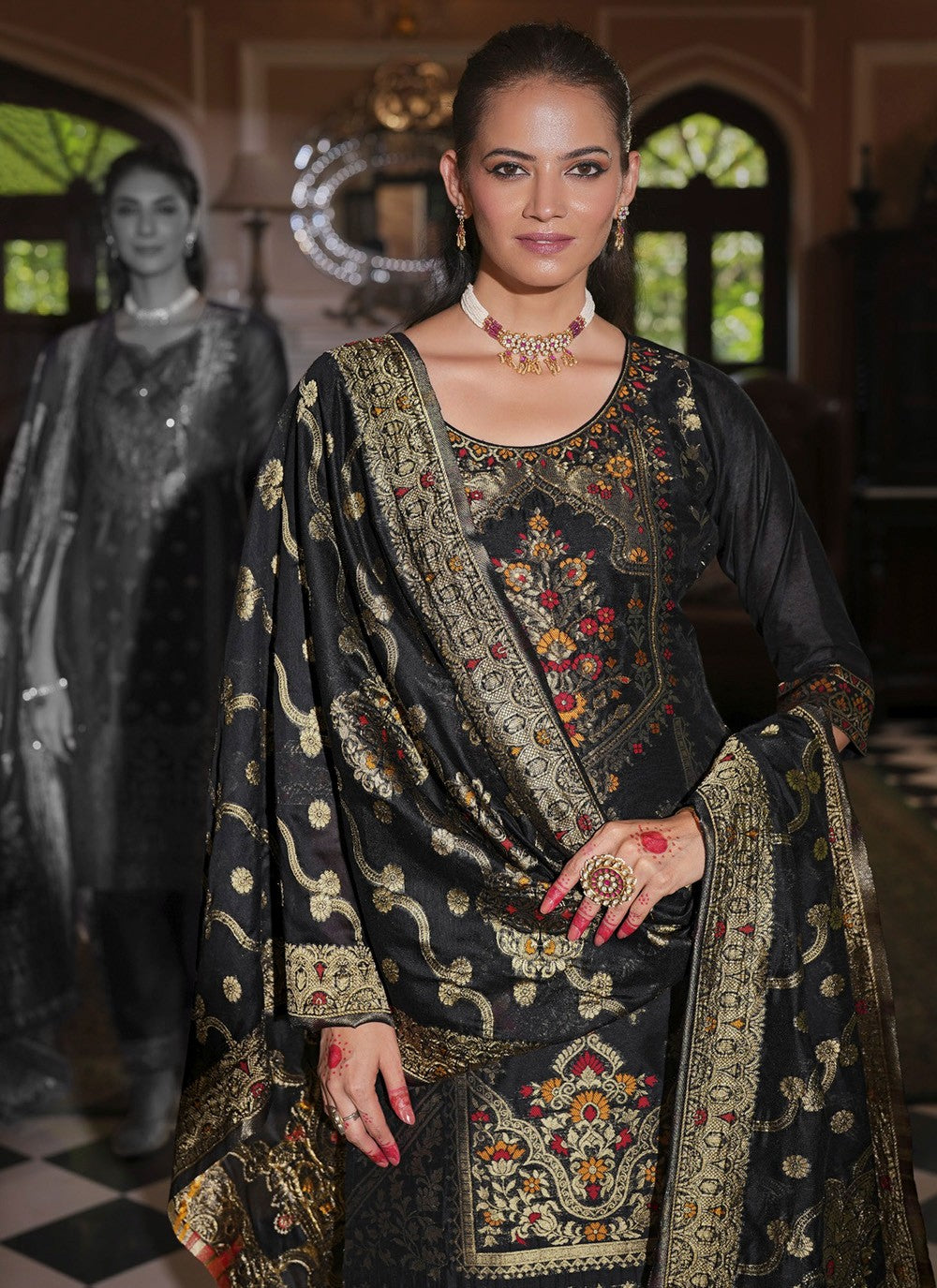 Pant Style Suit Hand Embroidery, Jacquard Work, Woven Black T8166