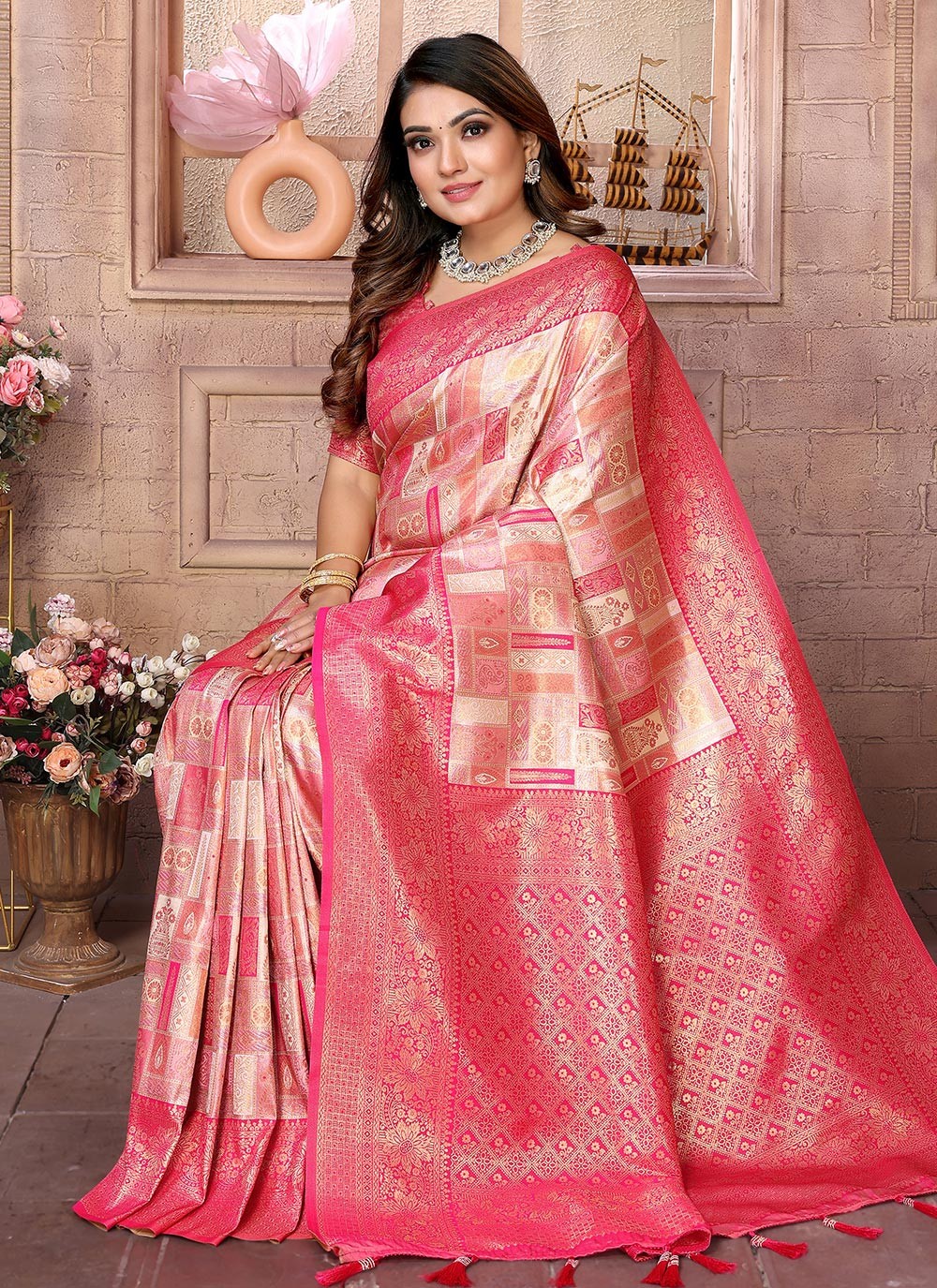 Woven Banarasi Silk Peach Classic Saree S15061