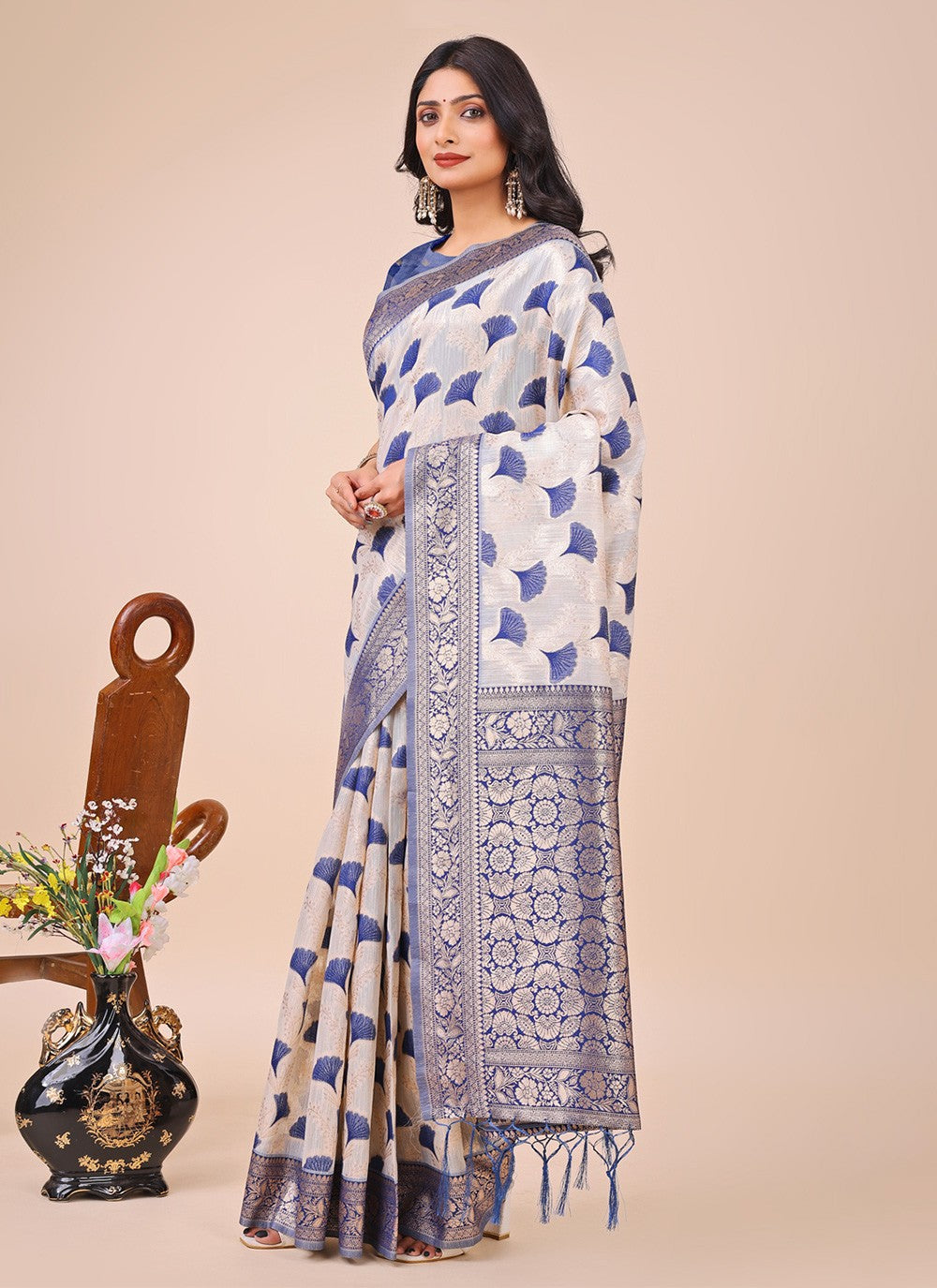 Woven Cotton Blue Contemporary Saree S15151