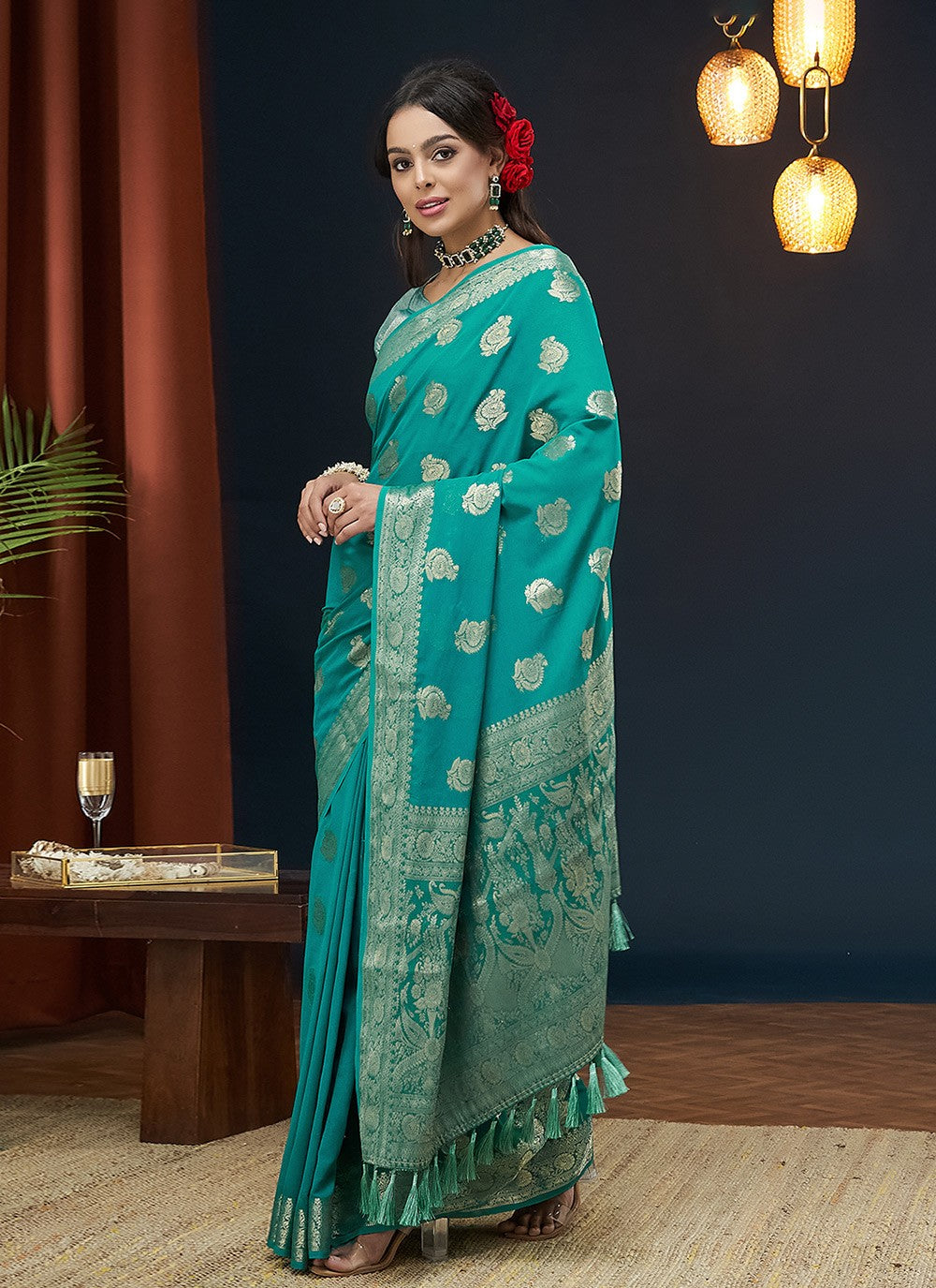 Classic Saree Jacquard Work Aqua Blue Georgette Saree S12544