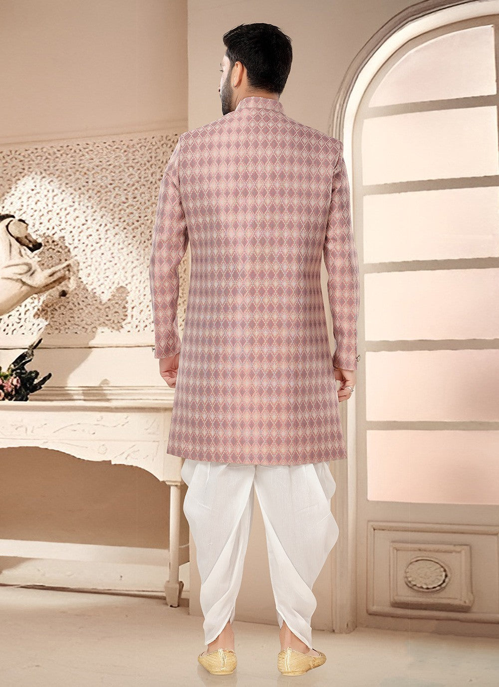 Woven Jacquard Pink Sherwani - M7534