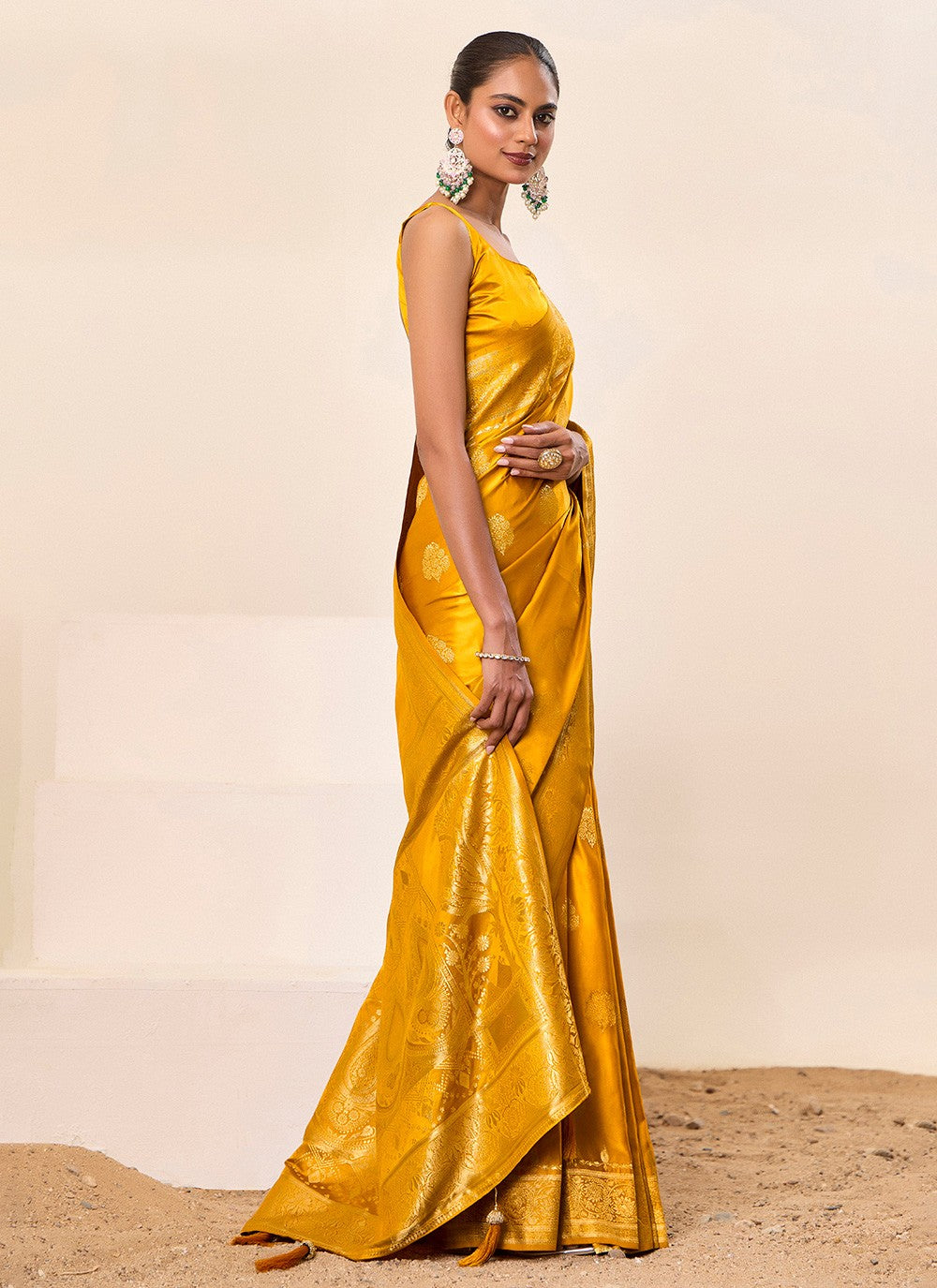 Yellow Satin Silk Classic Saree Jacquard Work, Woven S16453