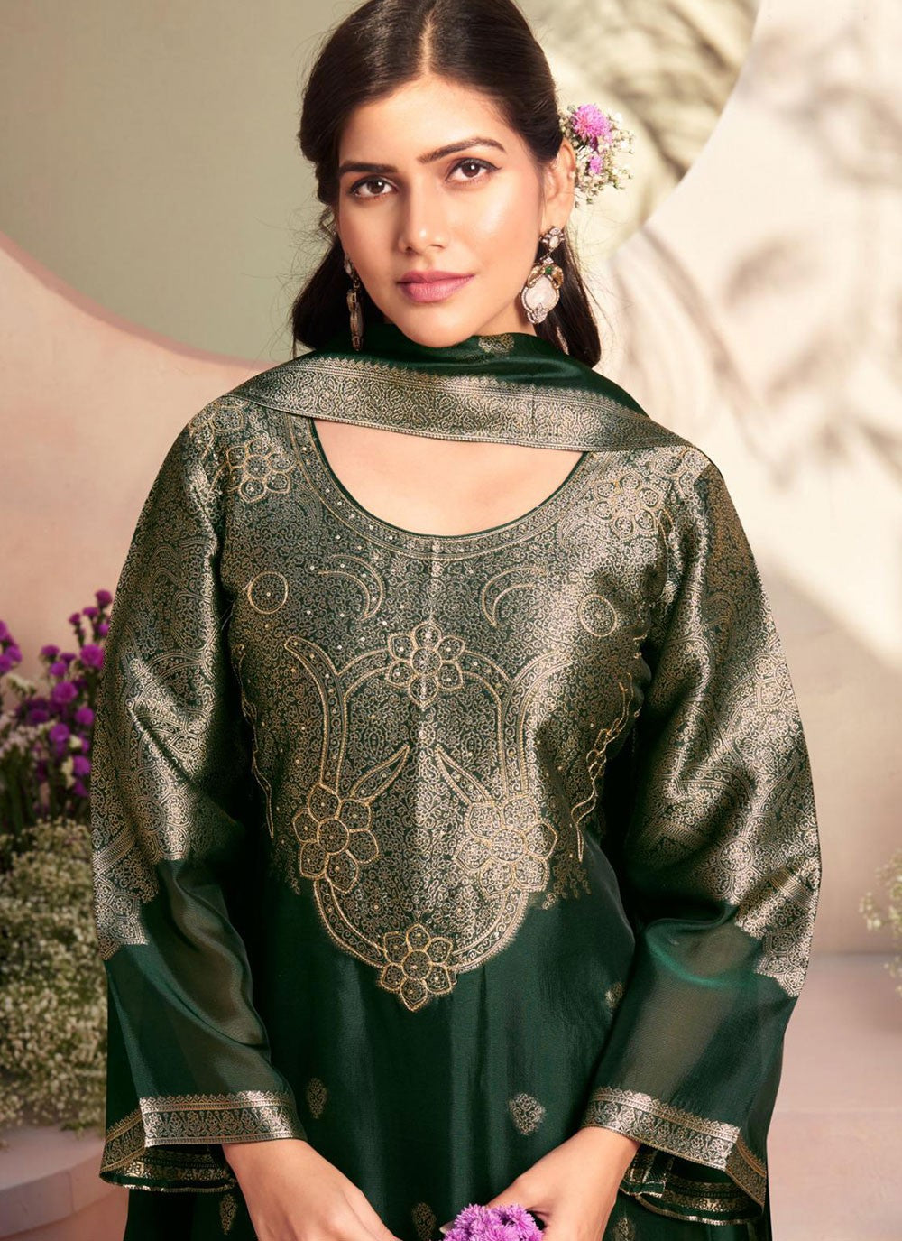 Crystals Silk Green Salwar Suit T6591