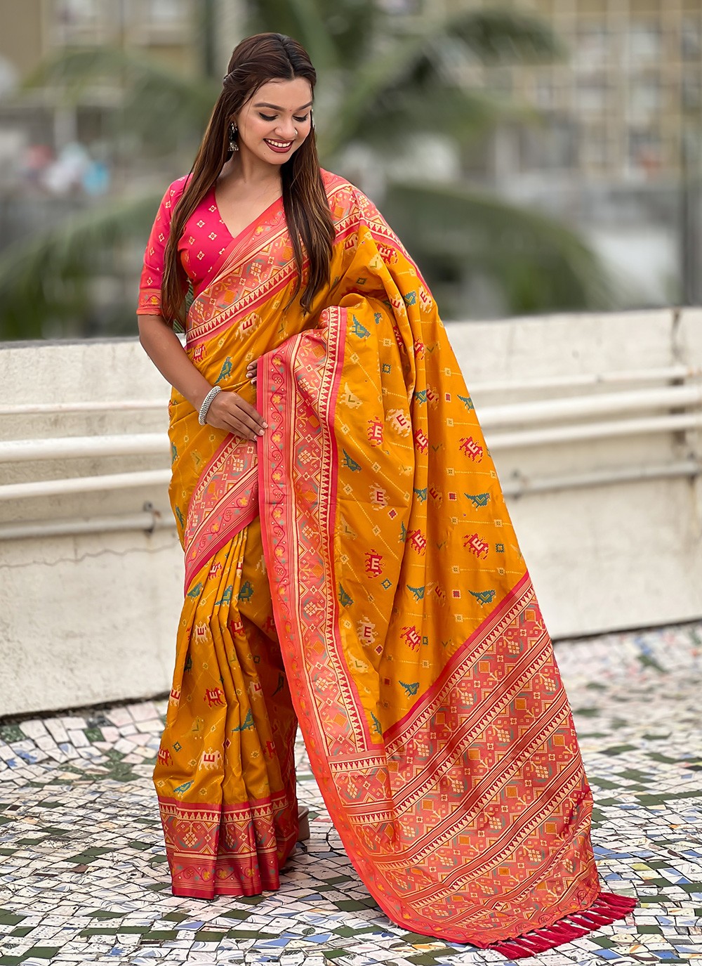 Yellow Patola Silk Trendy Saree Meenakari, Woven S16573