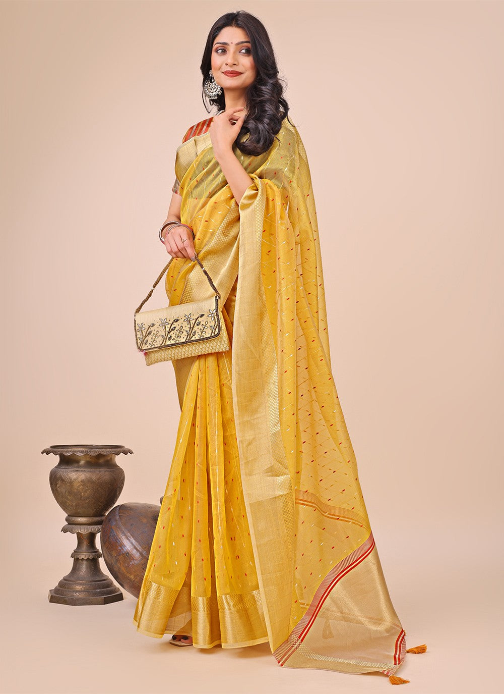 Woven Organza Yellow Trendy Saree S15188