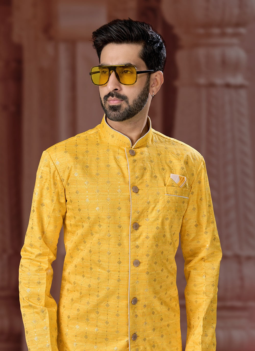 Embroidered Banglori Silk Yellow Indo Western Sherwani - M6899