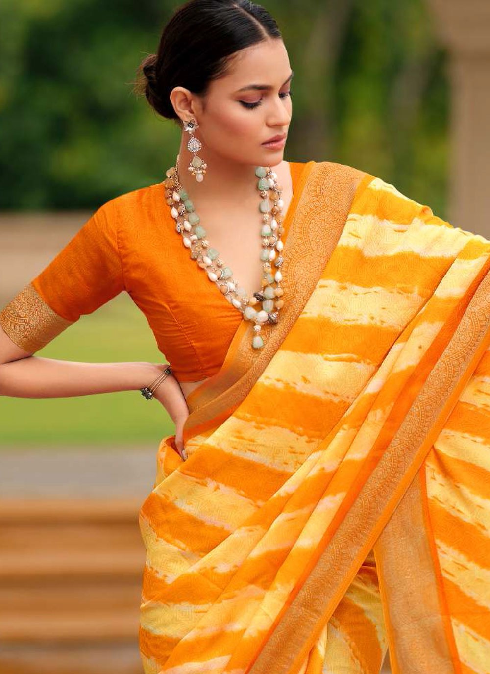 Yellow Silk Trendy Saree Border Work, Jacquard Work, Strips S17883