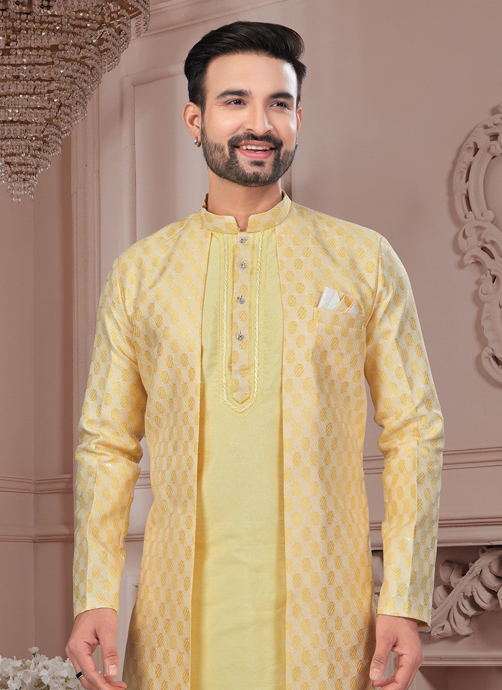 Buttons Jacquard Silk Yellow Indo Western - M8645