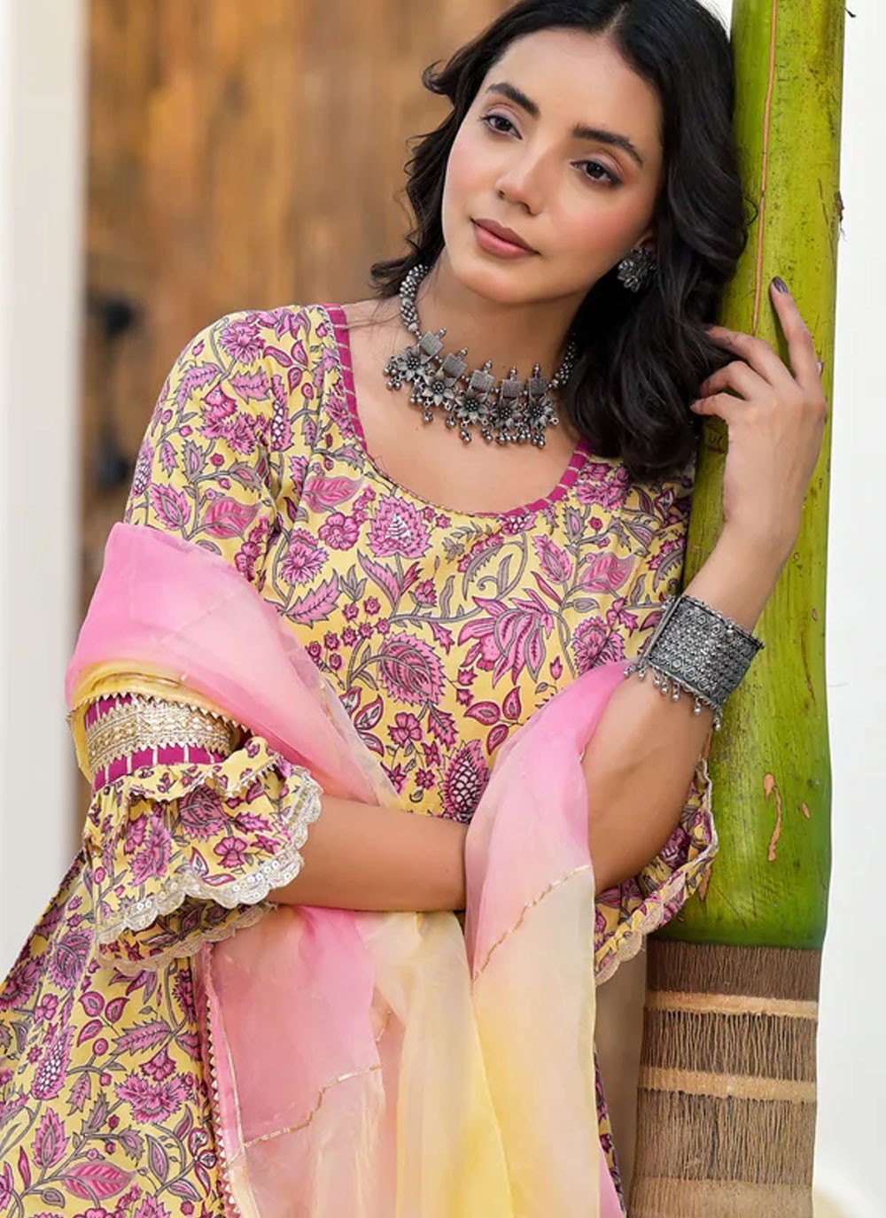 Palazzo Suit Floral Printed Yellow Cotton T5565