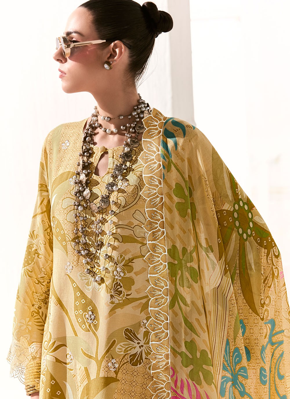 Pant Style Suit Digital Print, Embroidered, Patch, Resham Yellow T7907
