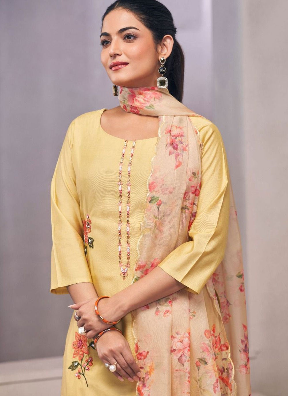 Salwar Suit Embroidered Yellow Silk T5157