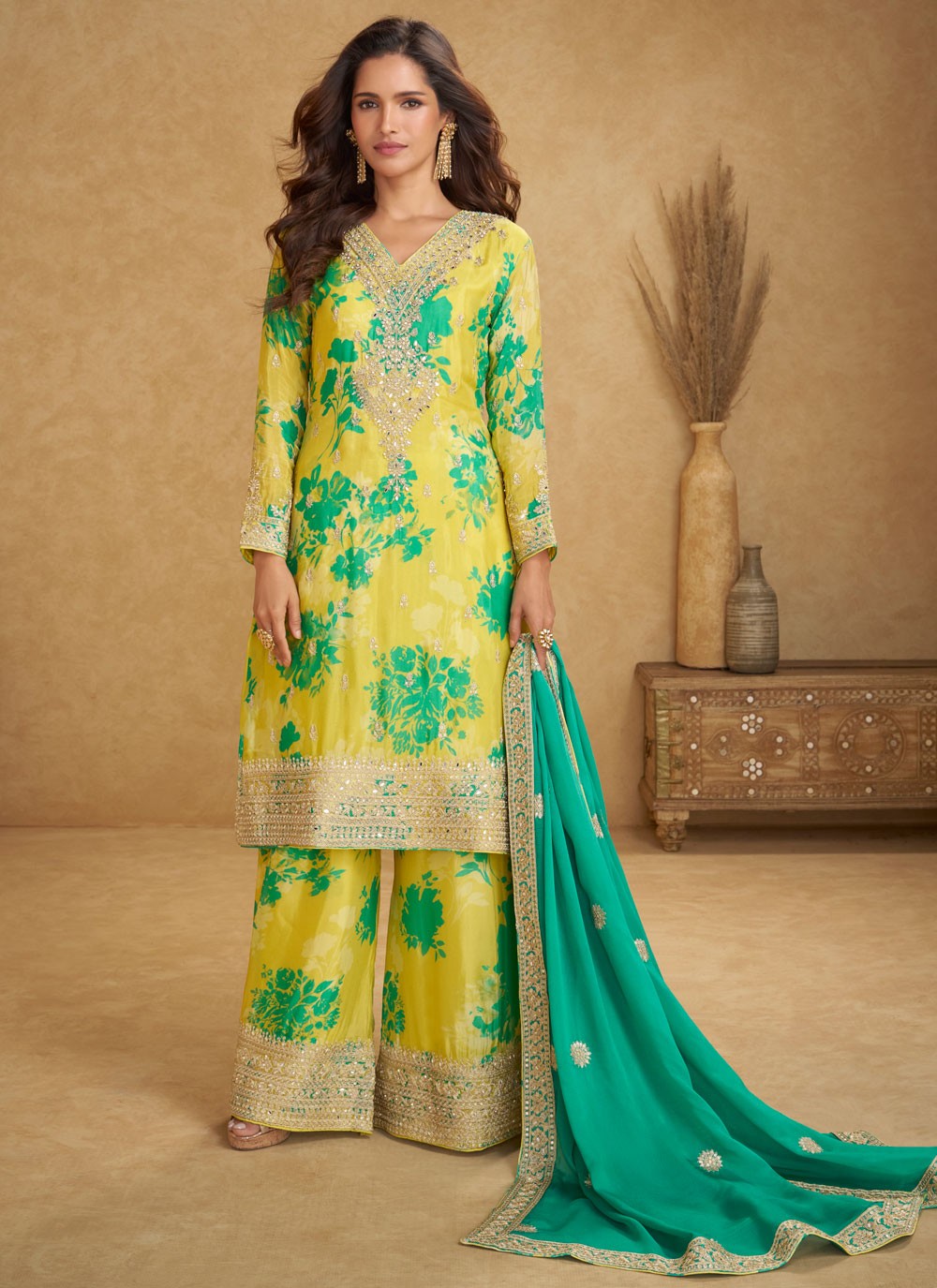 Palazzo Suit Digital Print, Embroidered, Mirror, Sequins, Zari Yellow T8014