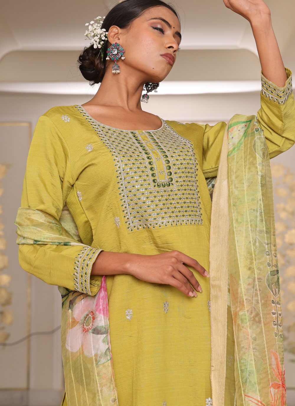 Salwar Suit Embroidered Yellow Cotton Silk T5667
