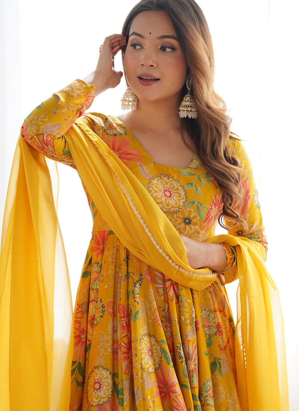 Floral Printed Chanderi Silk Yellow Anarkali T6164