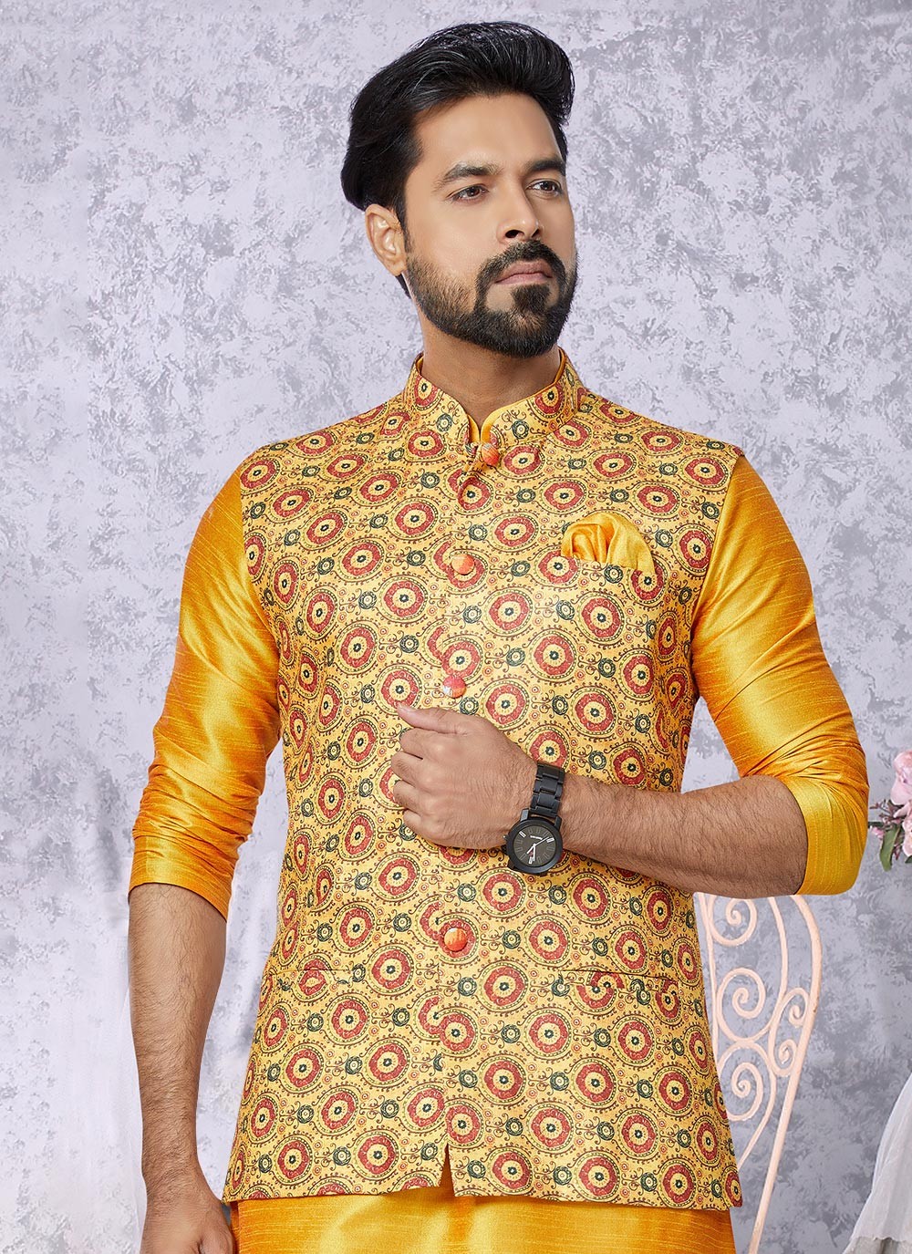 Digital Print Cotton Yellow Nehru Jackets - M7404