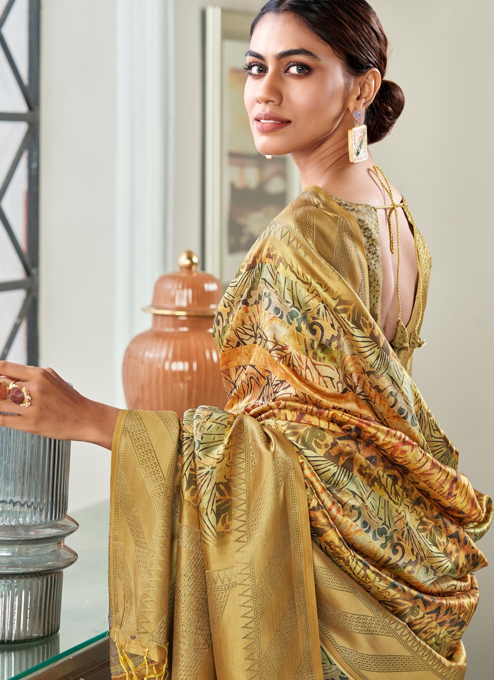 Printed Handloom Silk Yellow Saree S14242