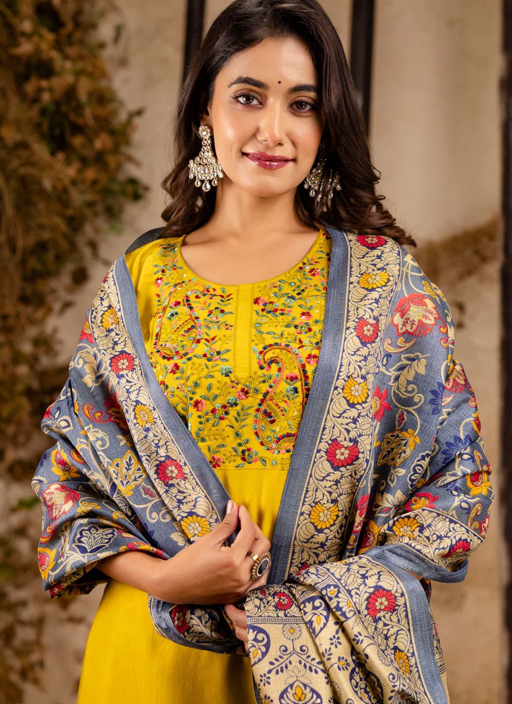 Pant Style Suit Embroidered Yellow T7031