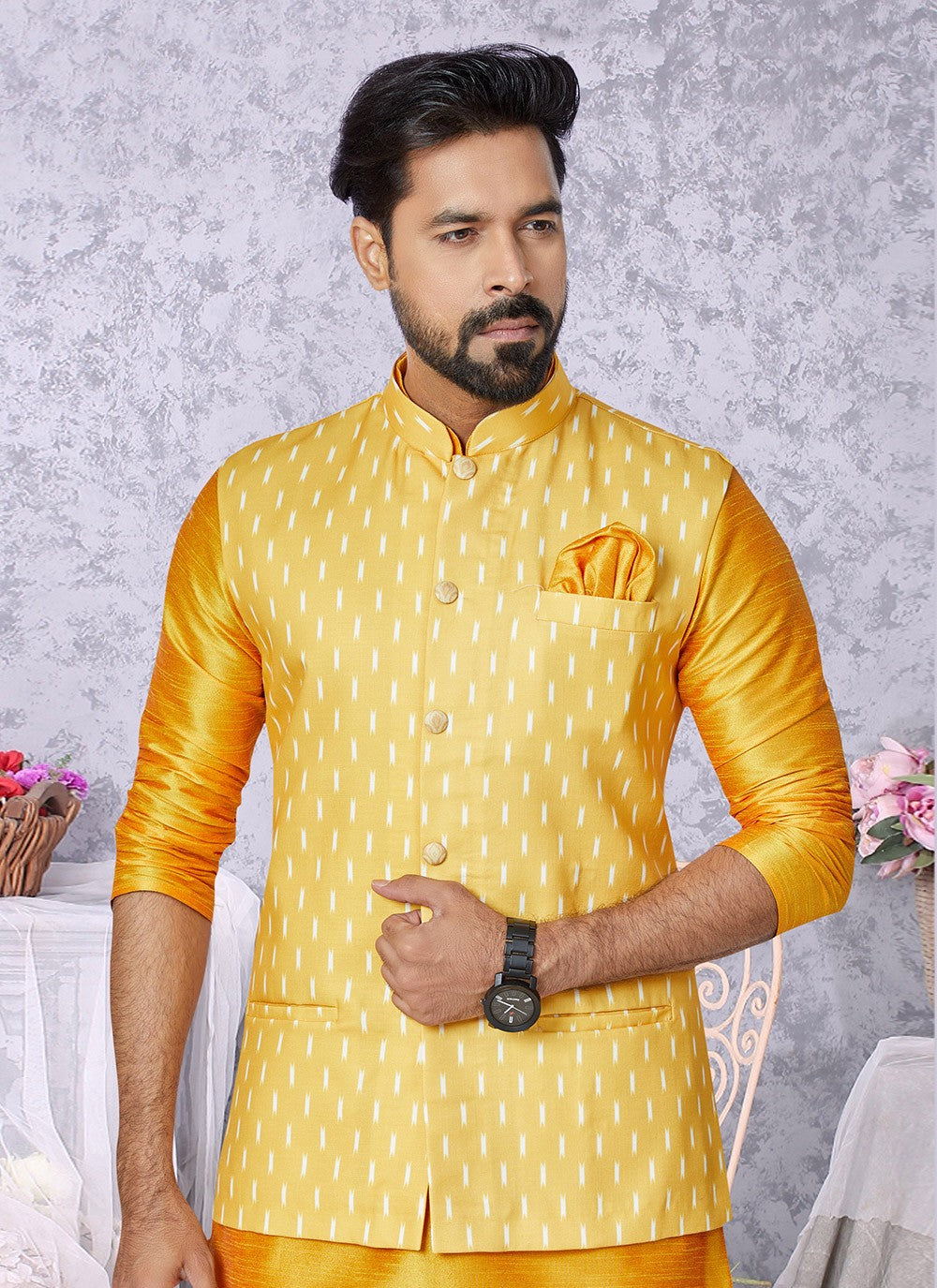 Digital Print Cotton Yellow Nehru Jackets - M7406