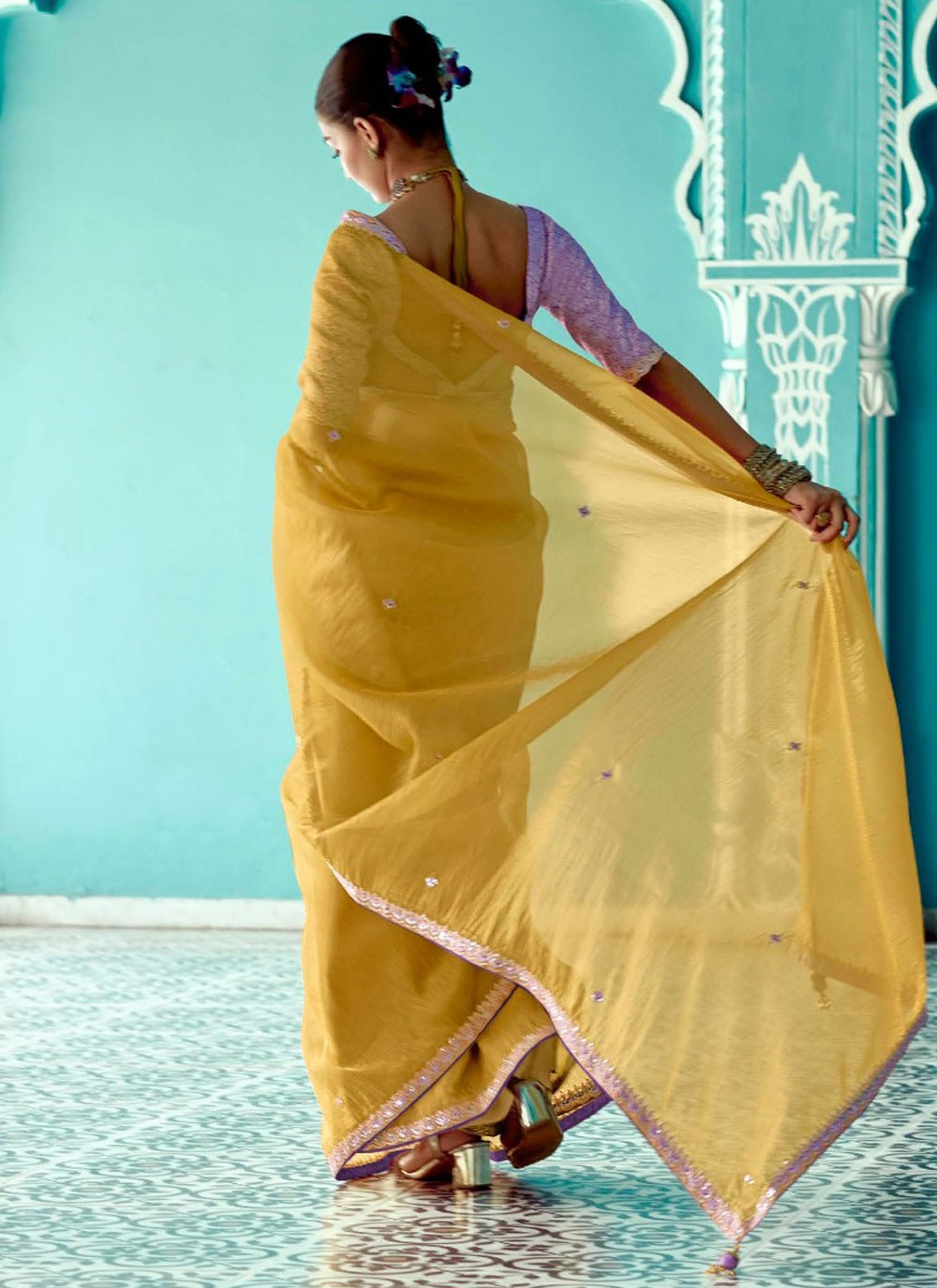 Designer Embroidered Yellow Crush Saree S13279