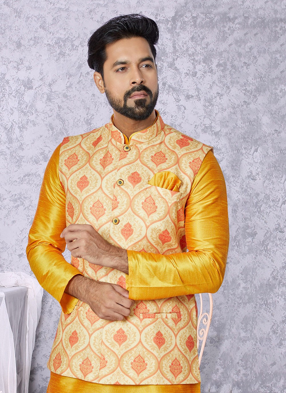 Digital Print Cotton Yellow Nehru Jackets - M7400