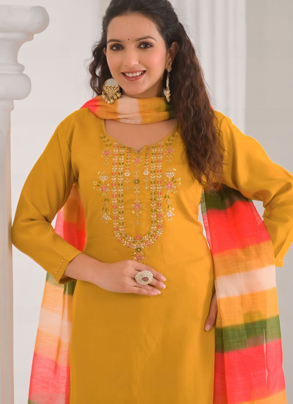 Embroidered Chanderi Yellow Salwar Suit T6156