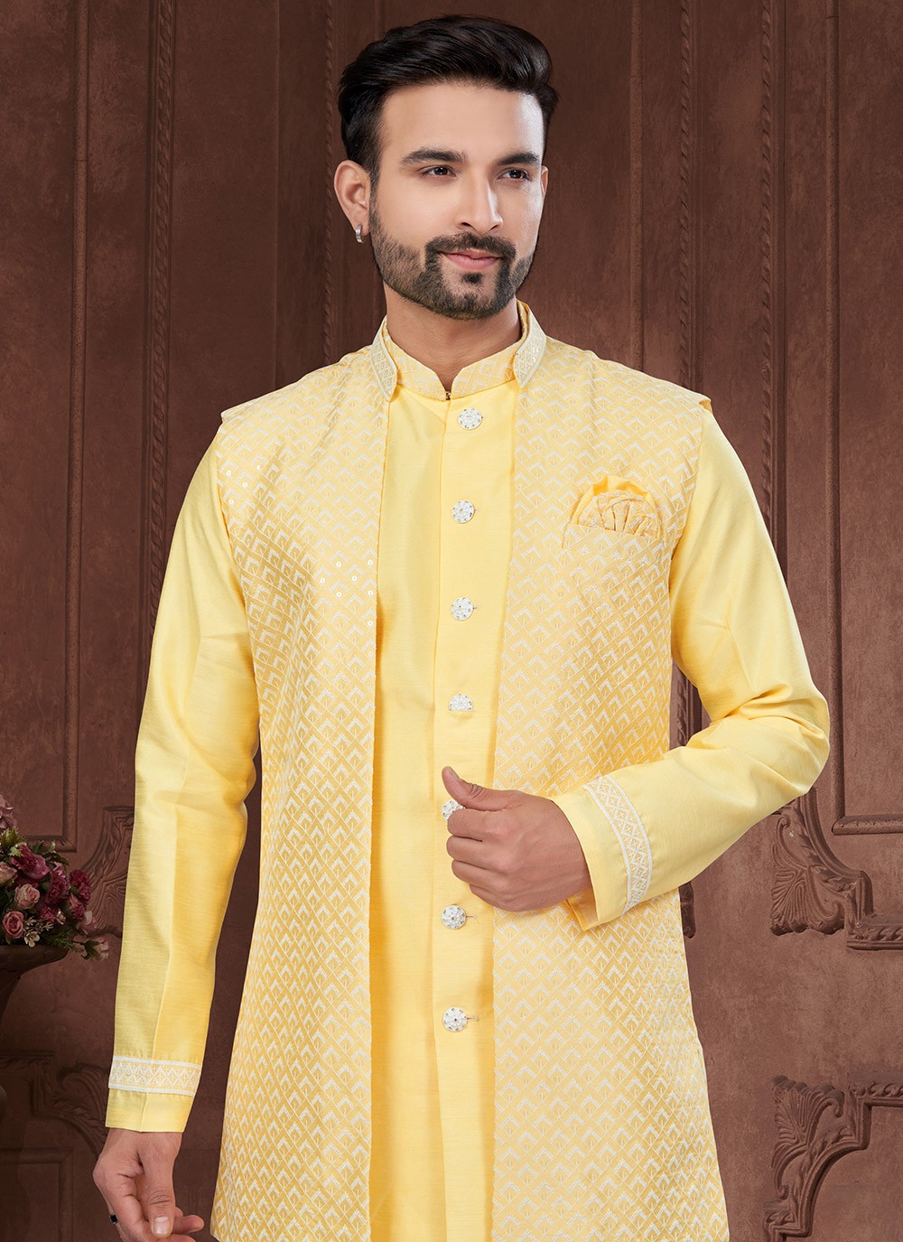 Embroidered Art Silk Yellow Indo Western Sherwani - M8601